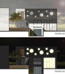 Façade d'une maison écologique, vue sud et nord, jour et nuit