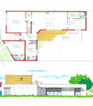 Plan d'une maison écologique et façade Sud