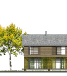 Façade d'un eco habitat sur pilotis